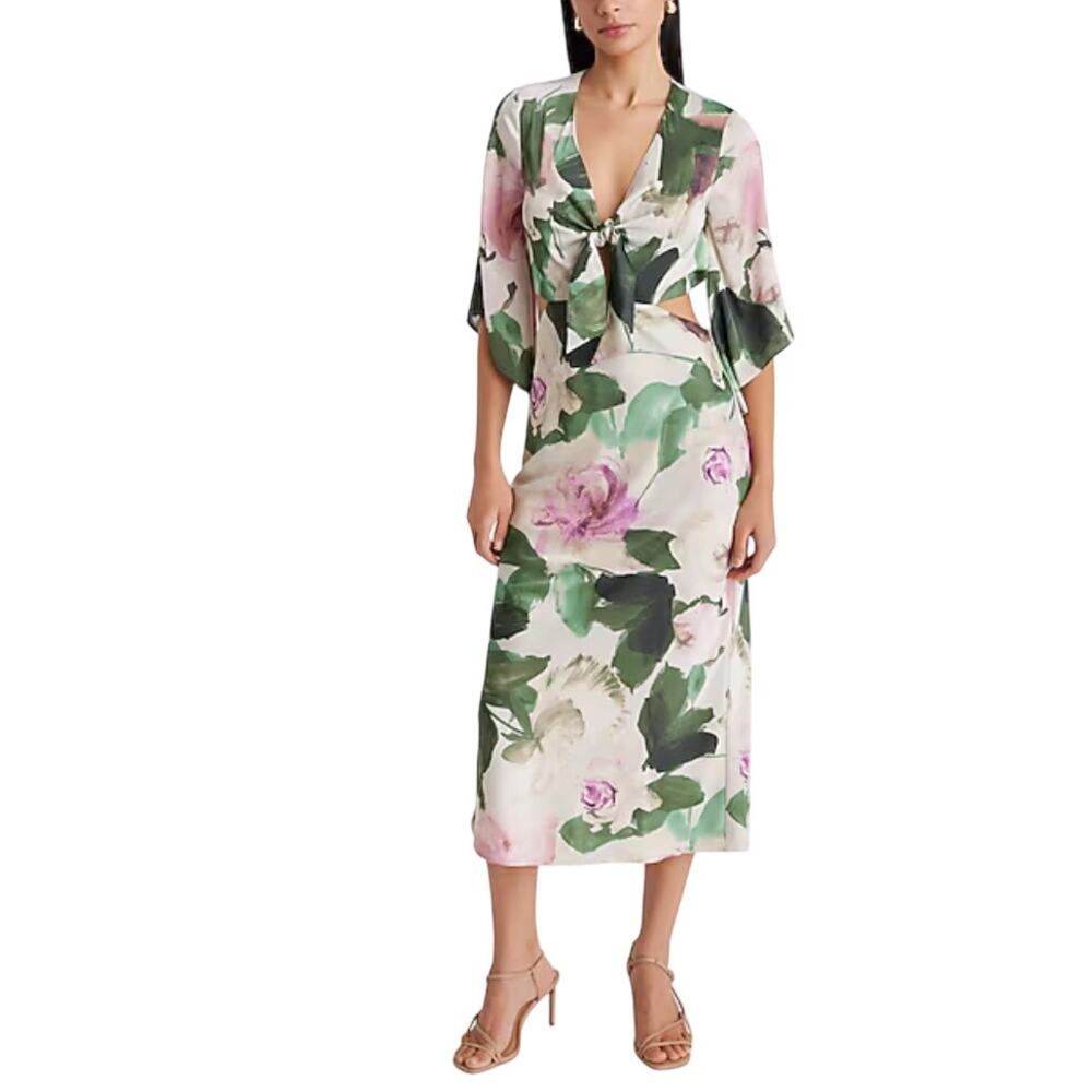 Express NWT Satin Floral V-Neck Tie Front Cutout Midi Dress Size XL